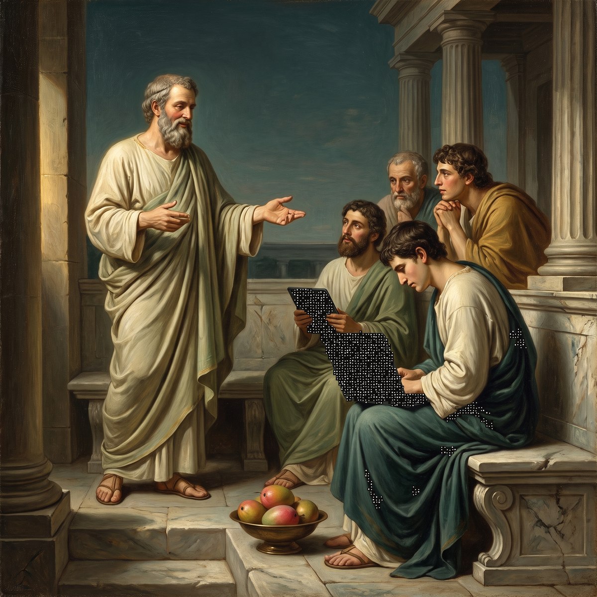 Oil painting of a teacher addressing a small attentive group, one listener taking notes on a modern laptop
