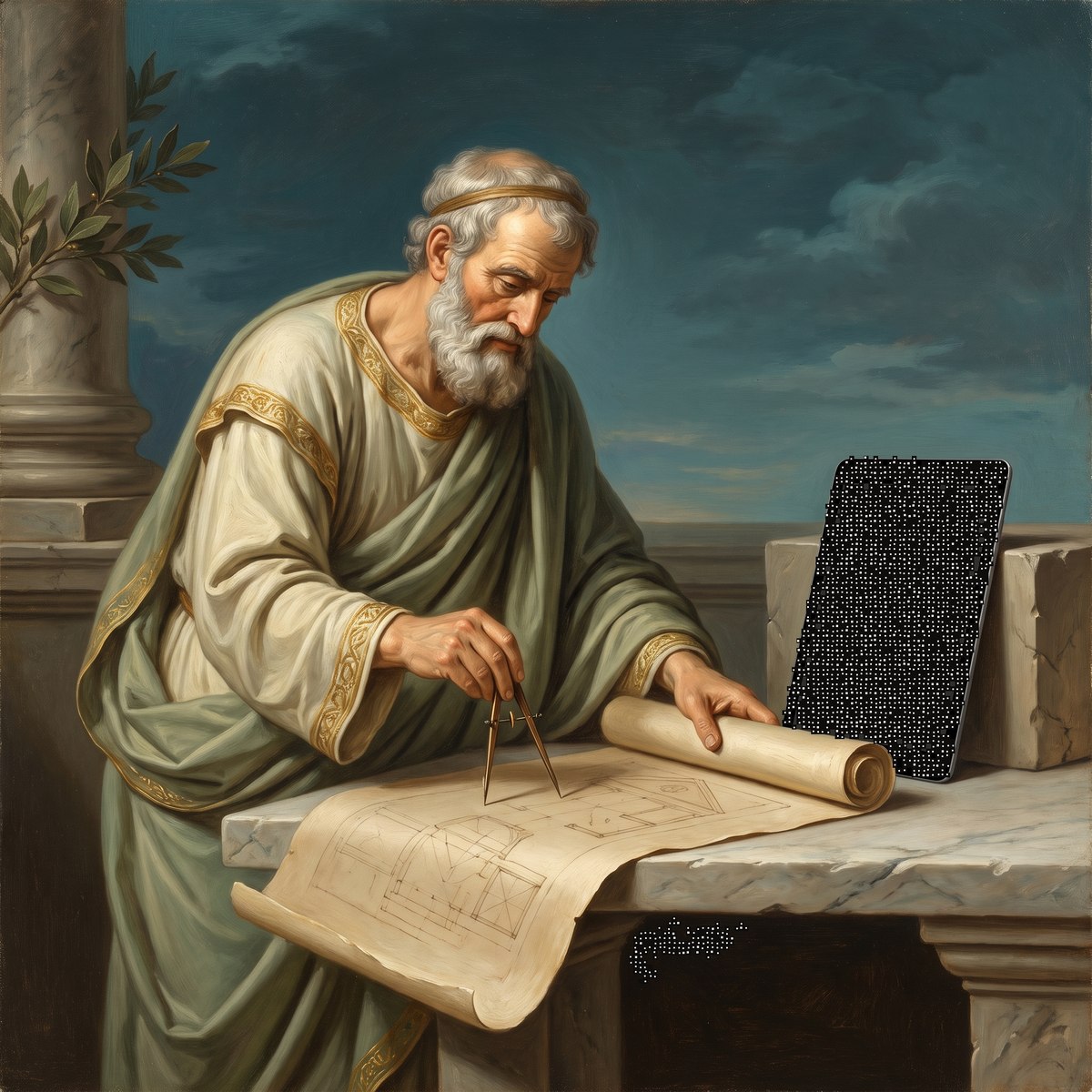Oil painting of a Greek architect drafting plans beside a modern tablet
