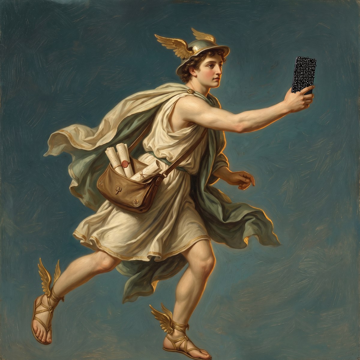 Oil painting of Hermes with winged sandals holding a modern phone