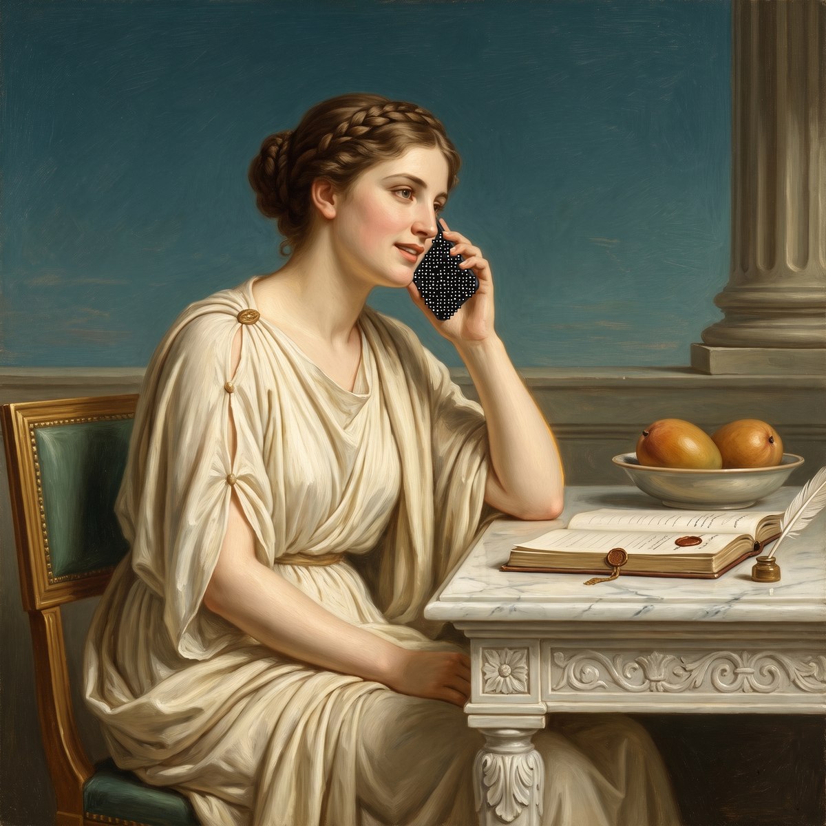 Oil painting of a classical woman answering a modern phone at a marble desk