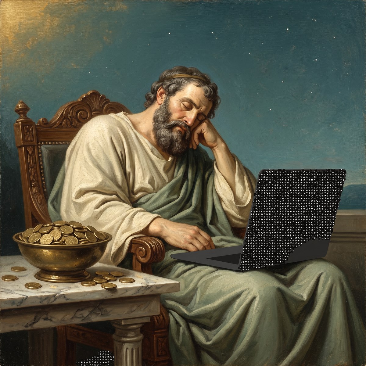 Oil painting of a philosopher asleep while a laptop works beside a bowl of gold coins