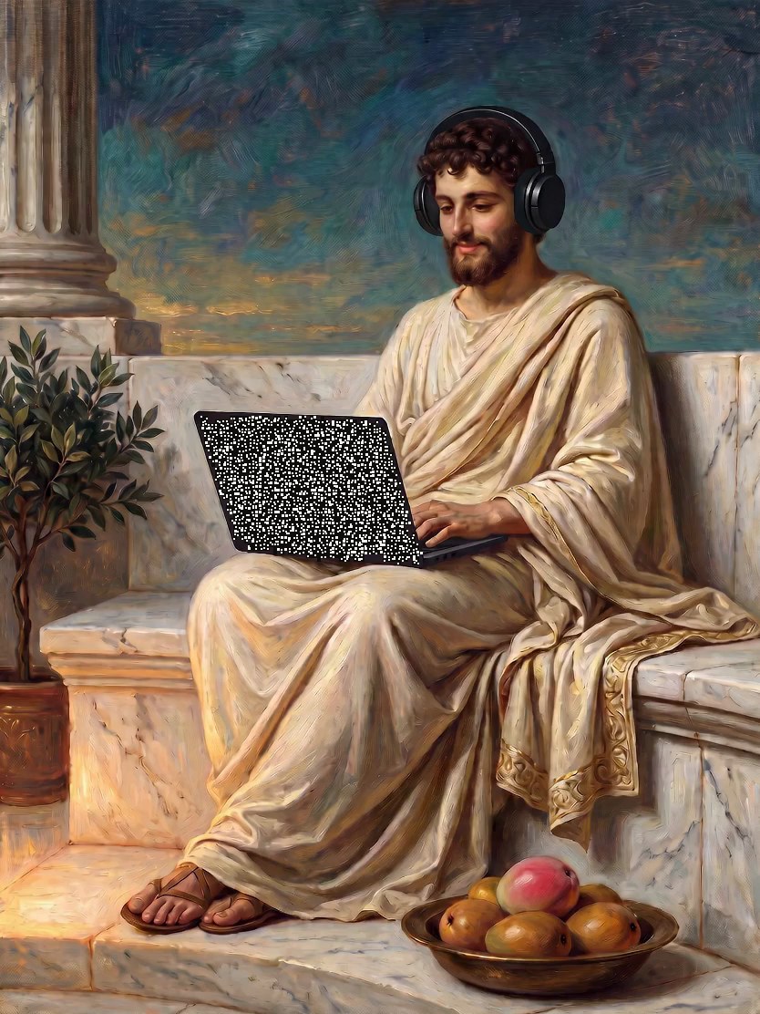 Neoclassical oil painting of a Greek philosopher wearing modern headphones, working on a laptop beside a bowl of mangoes at dusk